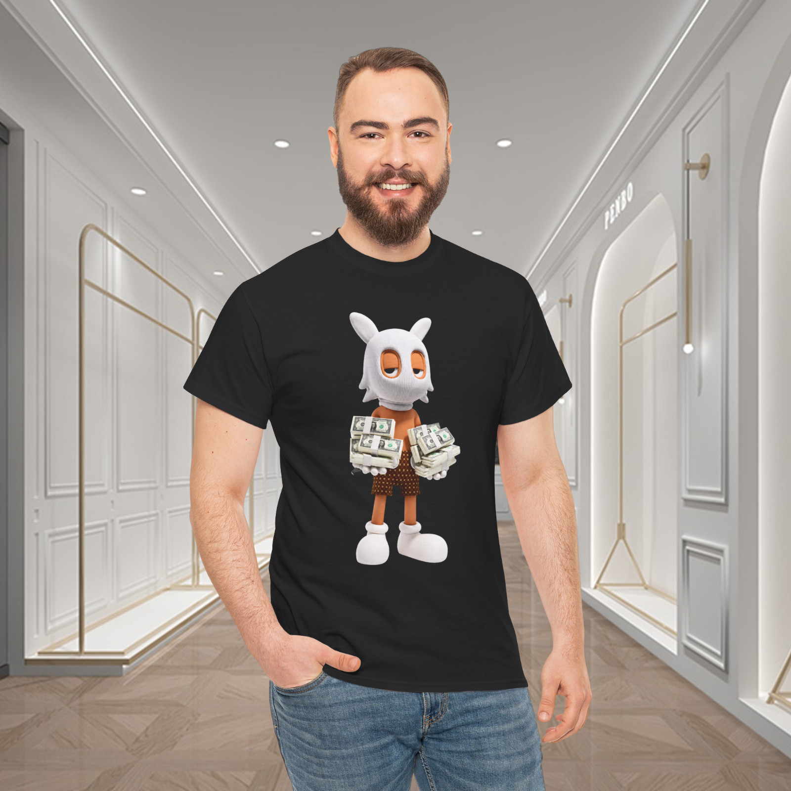 Sleepy Masked Mascot Money Stack Graphic T-Shirt Cash Streetwear Tee