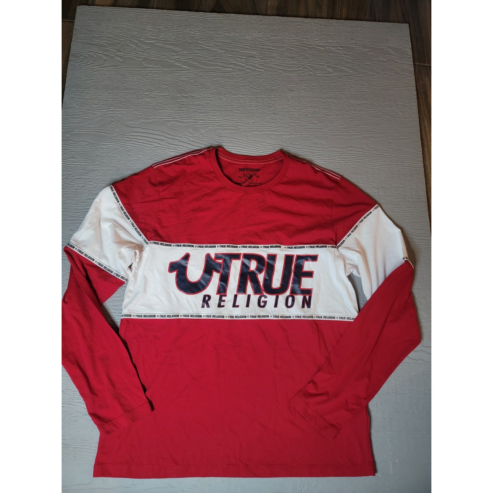 True Religion Mens Long Sleeve T-Shirt Red White Colorblock Logo Graphic Large gallery