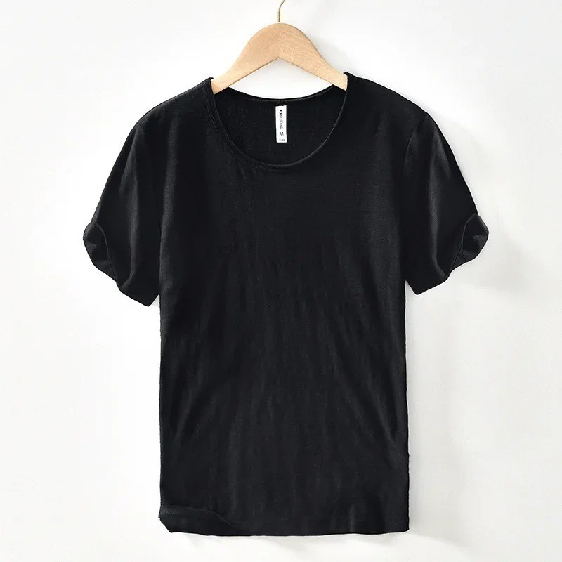 Men's Raw Edge T-Shirt 100% Cotton Retro Slim Fit Casual O-Neck Lightweight Tee gallery
