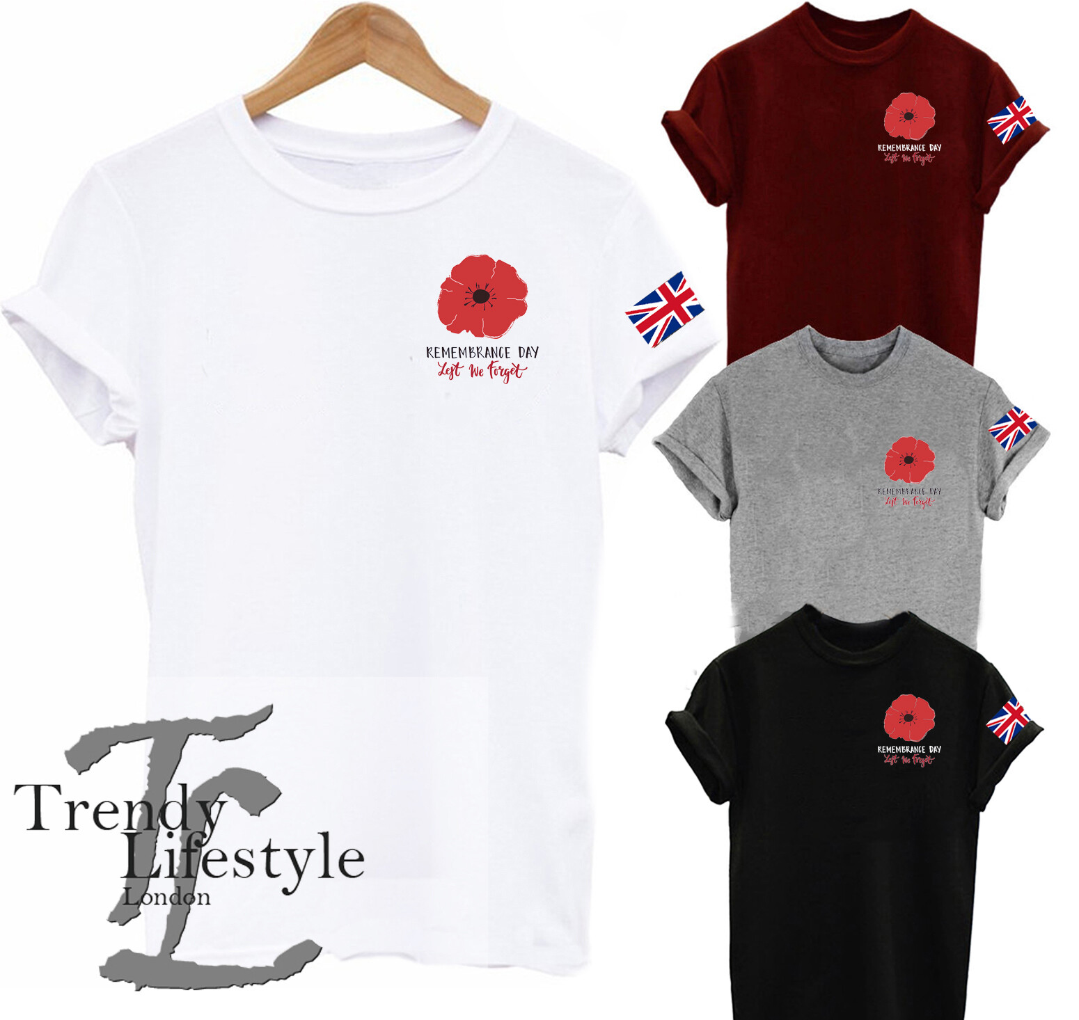 REMEMBRANCE DAY LEST WE FORGET PKT PRINT POPPY UK FLAG UNISEX MENS KIDS T-SHIRT gallery