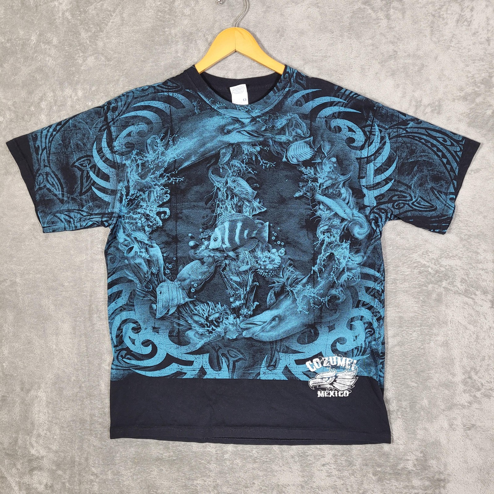 Vtg Cozumel Mexico Shirt Men XL Blue Black Yazbek Ocean Dolphin Fish Graphic AOP gallery