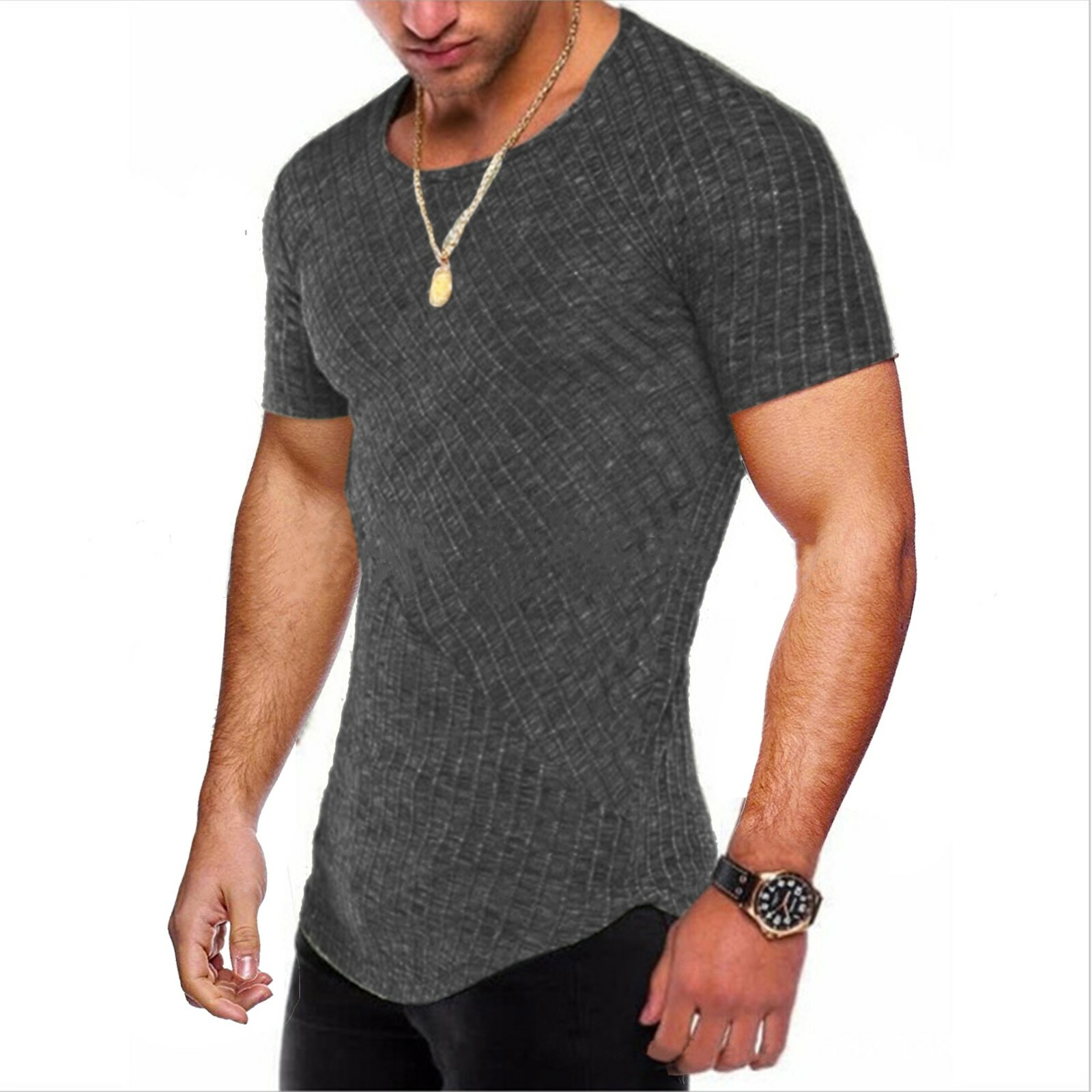 Men Casual Round Neck Top Training Muscle Fitness Active T-Shirt Slim Fit Tee gallery