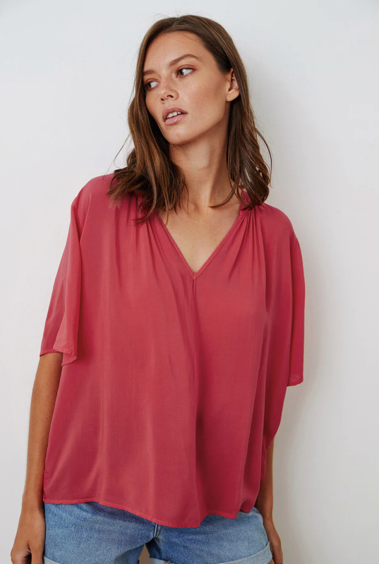 VELVET By Graham & Spencer Jaycee Split Neck Blouse Top Raspberry S $99 D2
