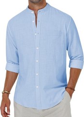 Men’s Linen Button Down Shirt Long Sleeve Band Collar Casual Beach Top