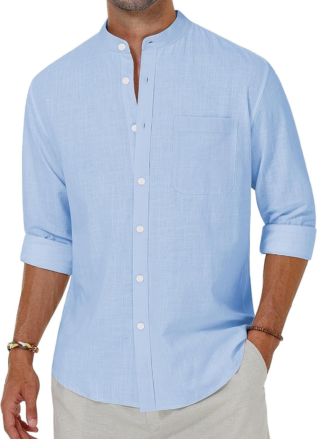 Men's Linen Button Down Shirt Long Sleeve Band Collar Casual Beach Top gallery