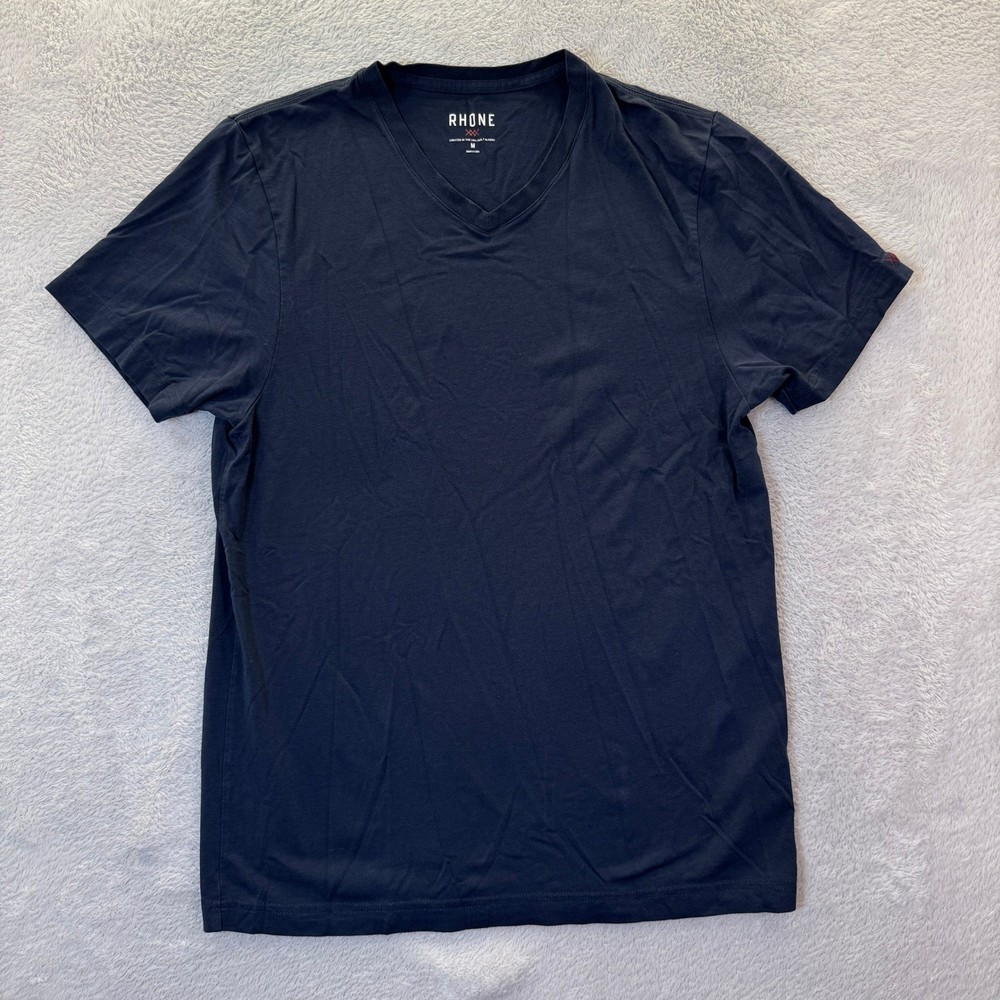 RHONE Mens Medium Navy Blue V Neck Pima Cotton Blend T Shirt Casual Workout EUC
