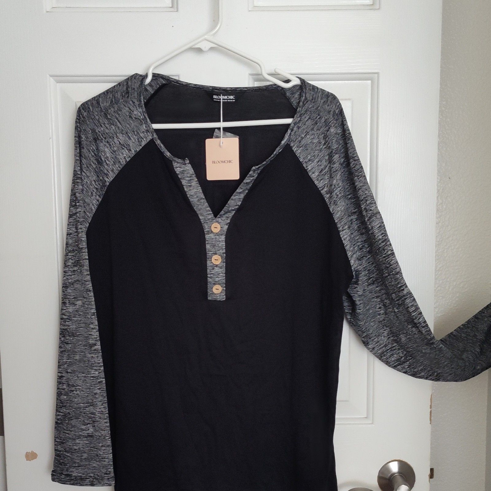 BloomChic Women's Long Sleeve T-Shirt Black Gray Cotton Blend Knit 3 Button gallery