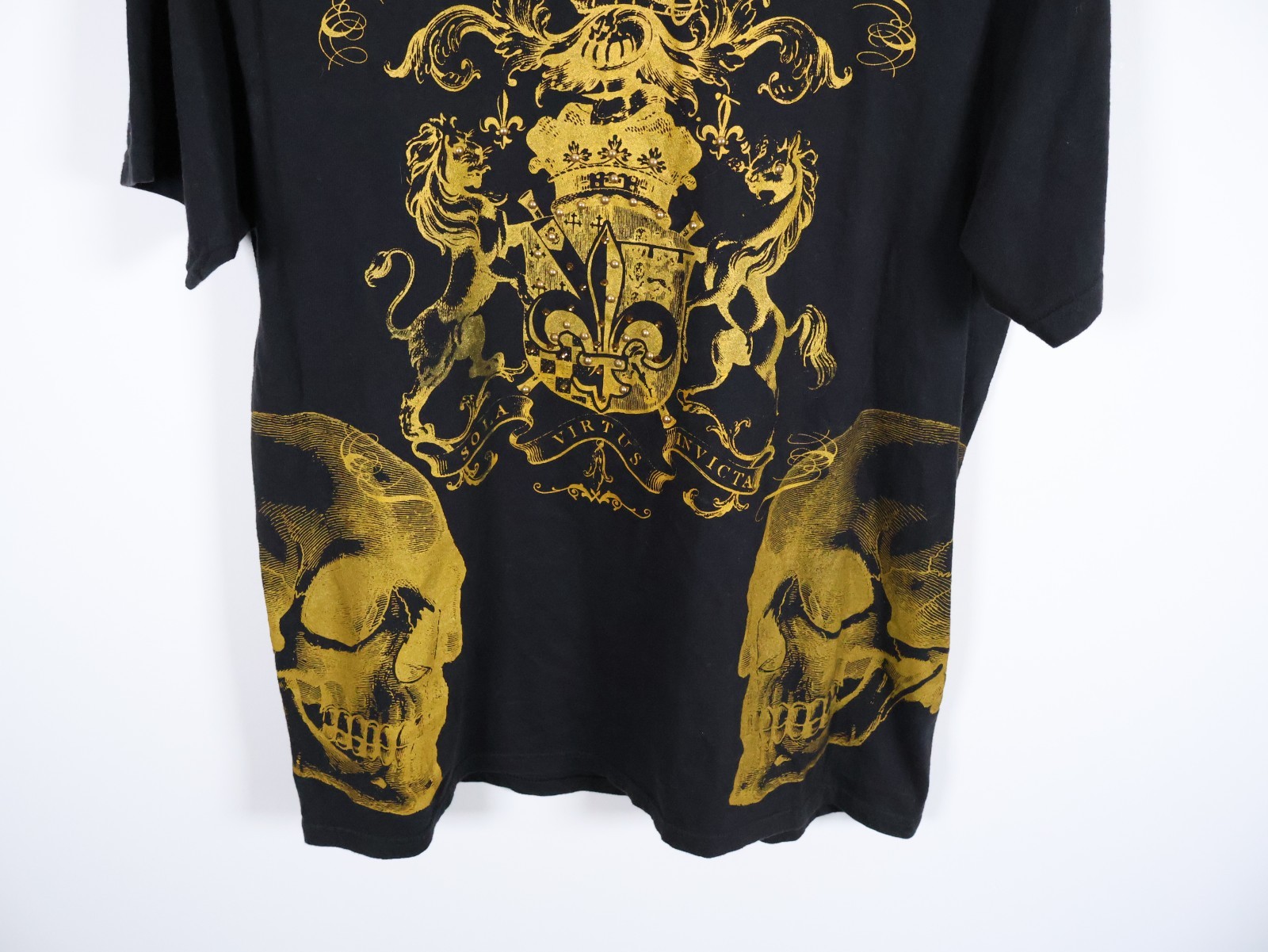VTG Bulzeye T-Shirt Men's Medium Black Gold Saint Sinner Skull Beaded Y2K gallery