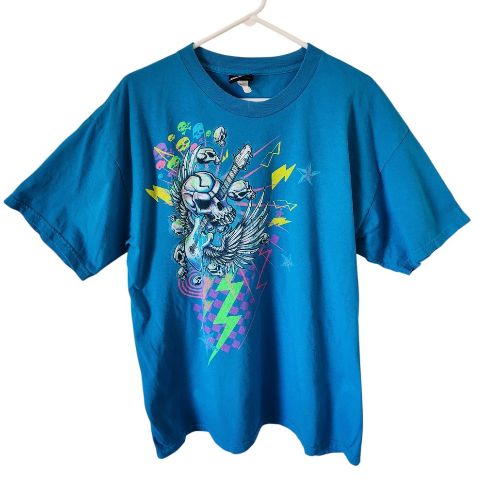 Vintage Hybrid Skull & Bones Rock Graphic T Shirt Mens XL Blue Short Sleeve