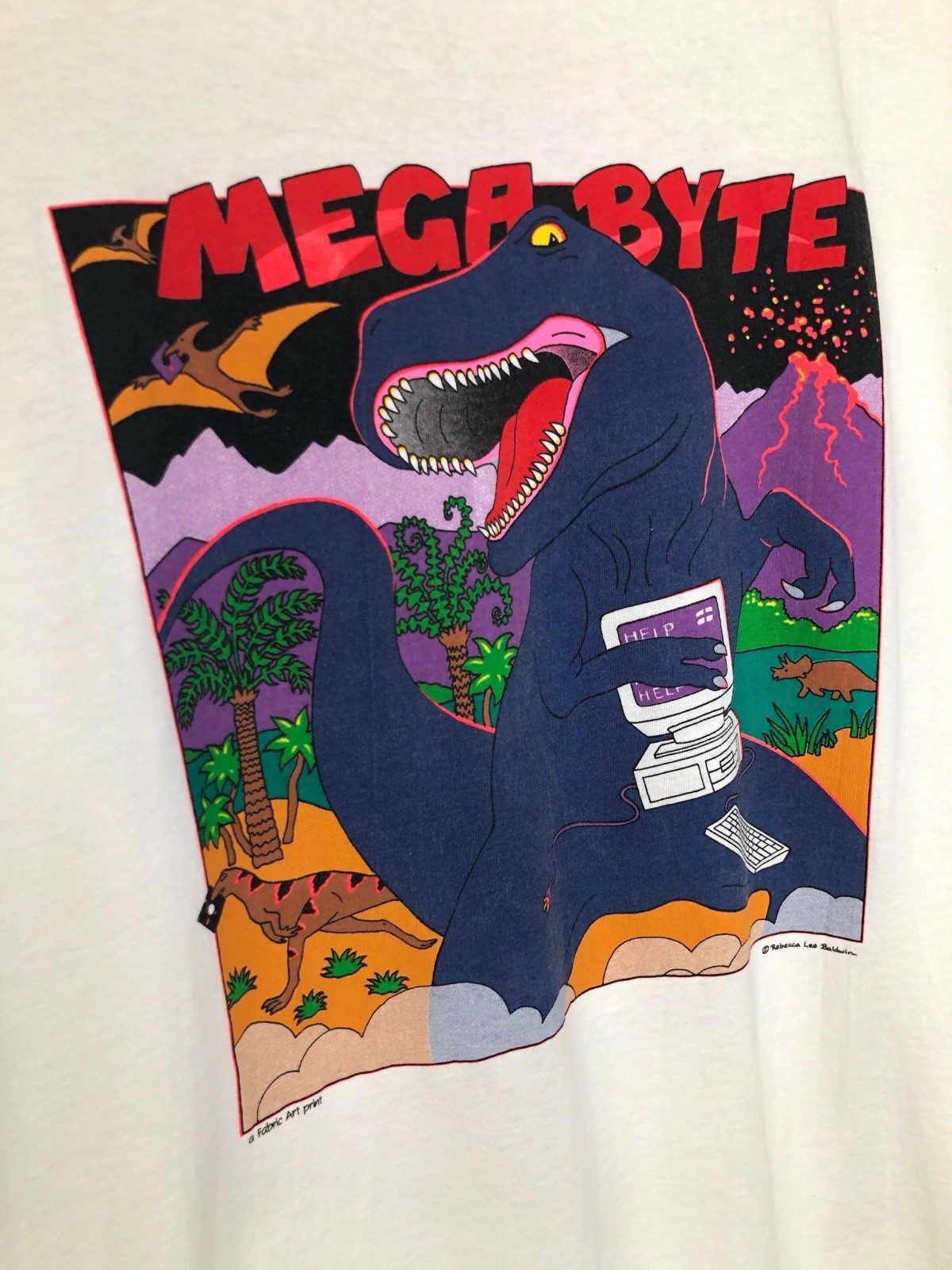 Vtg Fabric Art White Single Stitch Dinosaur T-Rex Mega Byte Nature USA Made XL gallery