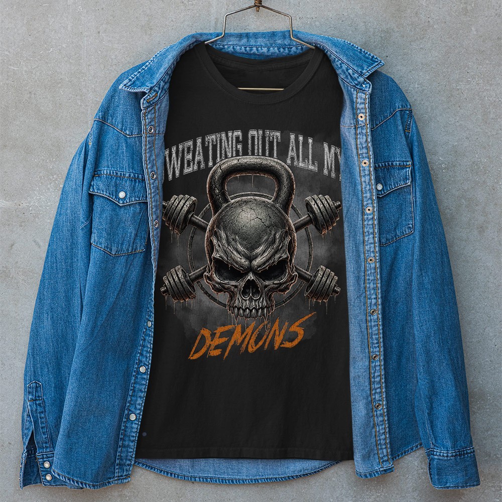 Retro Sweating Out My Demons Unisex T-shirt | Gym Skull Lover Gifts for Men gallery