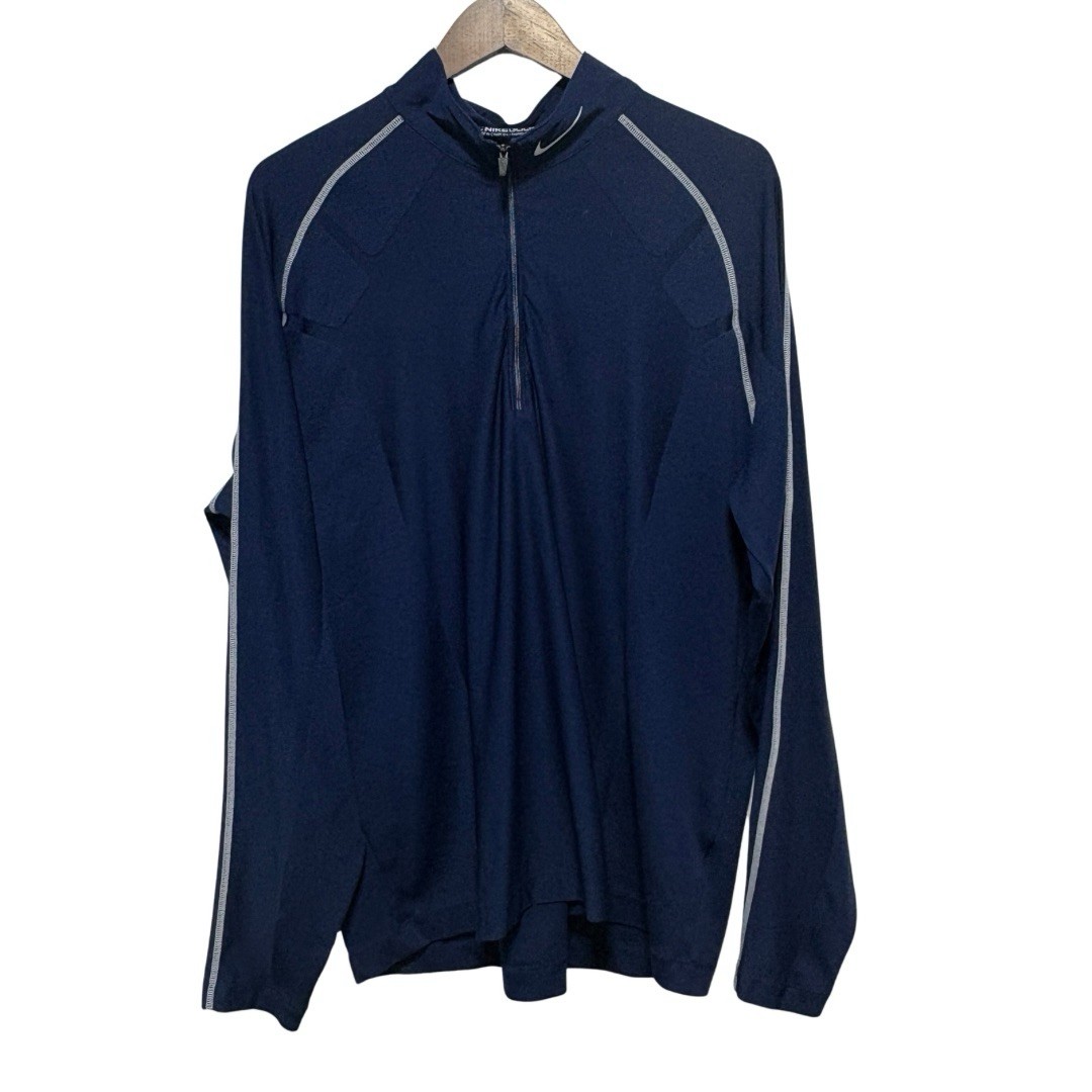 NIKE Golf Shirt Mens L Blue Dri Fit Long Sleeve 1/4 Zip Stretch Knit Activewear gallery