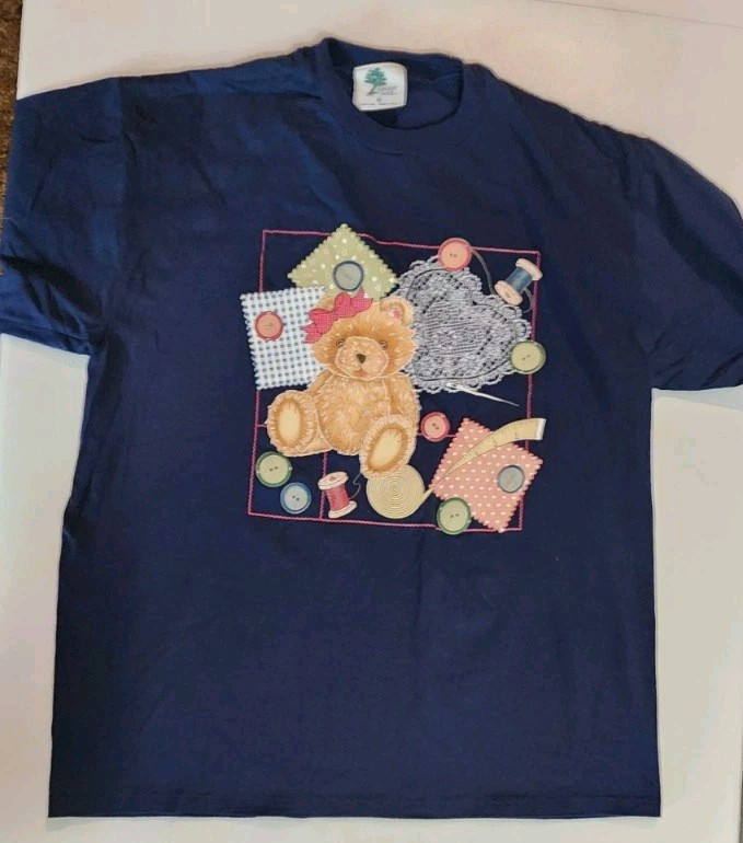 Vintage Shirt Teddy Bear Craft Buttons Sewing Grandma Blue XL Made In Usa
