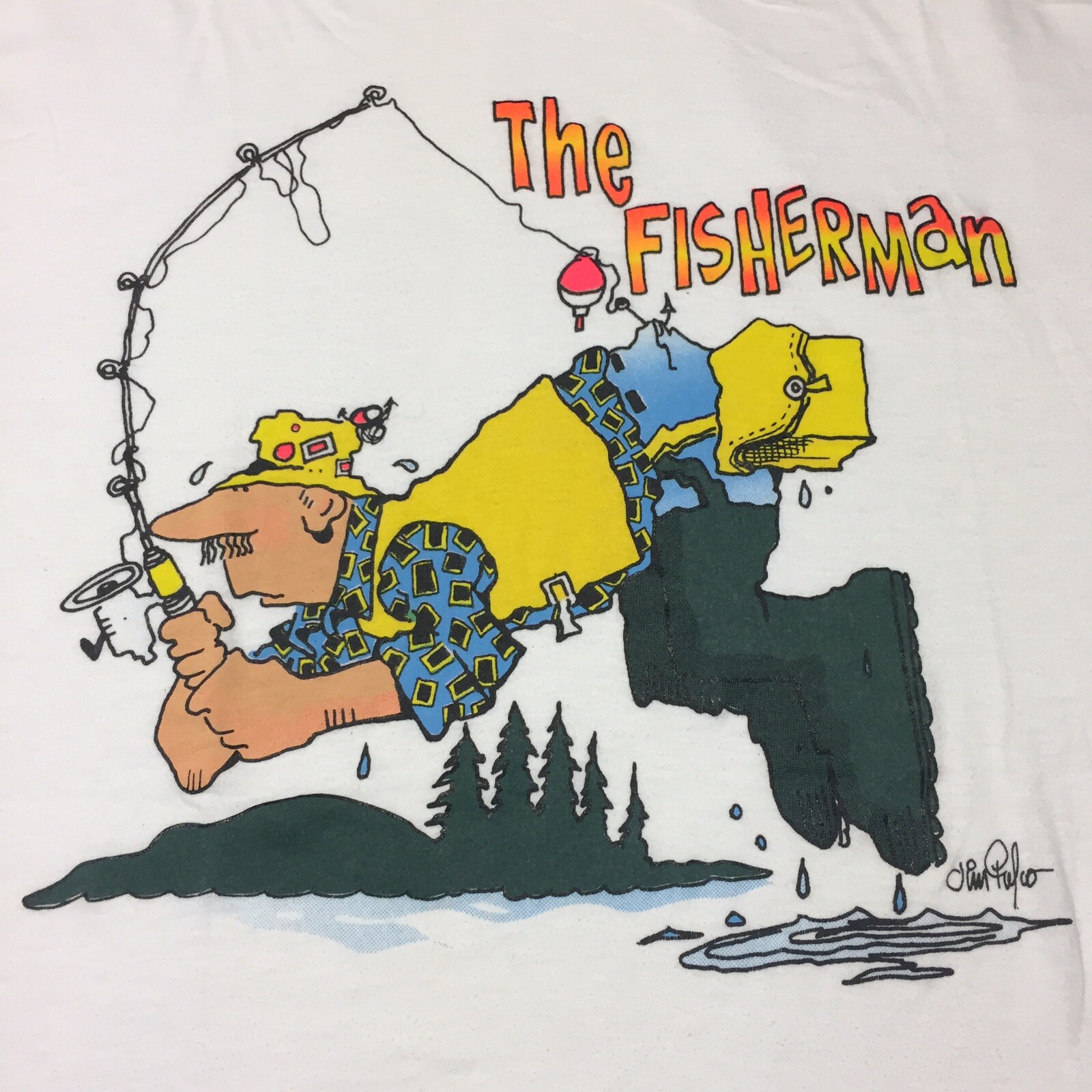 Vintage White XL The Fisherman T-Shirt Cartoon Boat Big Game Lake Bass Fishing gallery