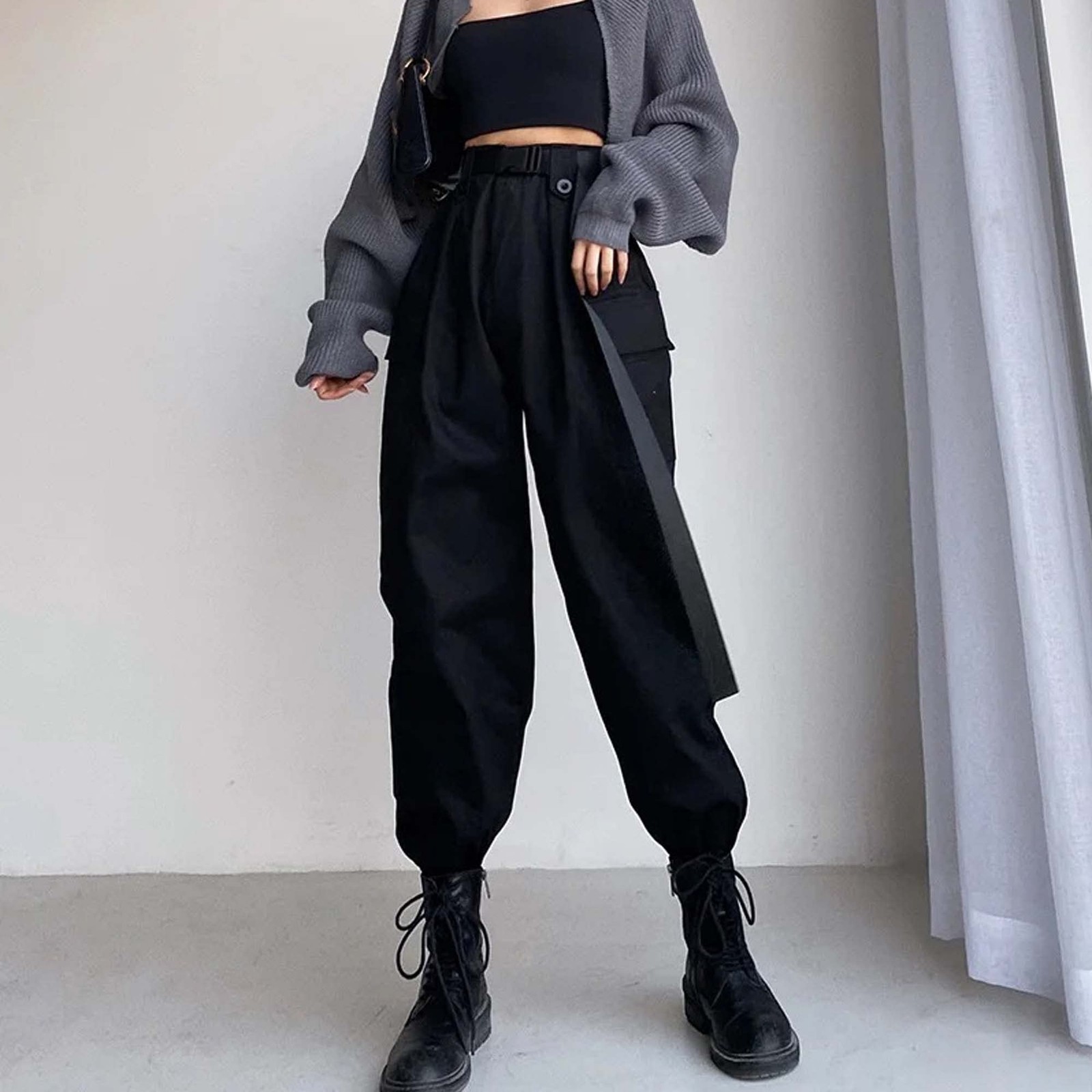 High Waist Solid Color Large Pocket Cargo Pants Women Loose Bundle Foot Ribbon gallery