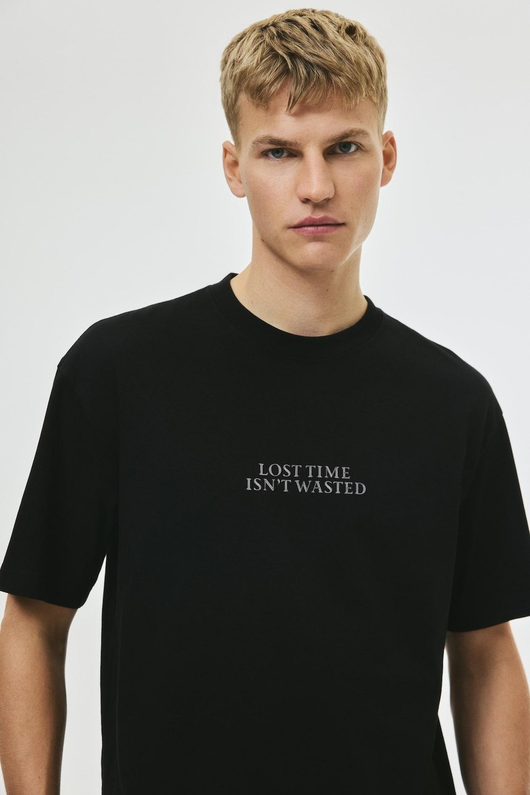 H&M Lost Time Isn't Wasted Shirt Mens Medium Black Graphic Tee Loose Fit NEW M gallery