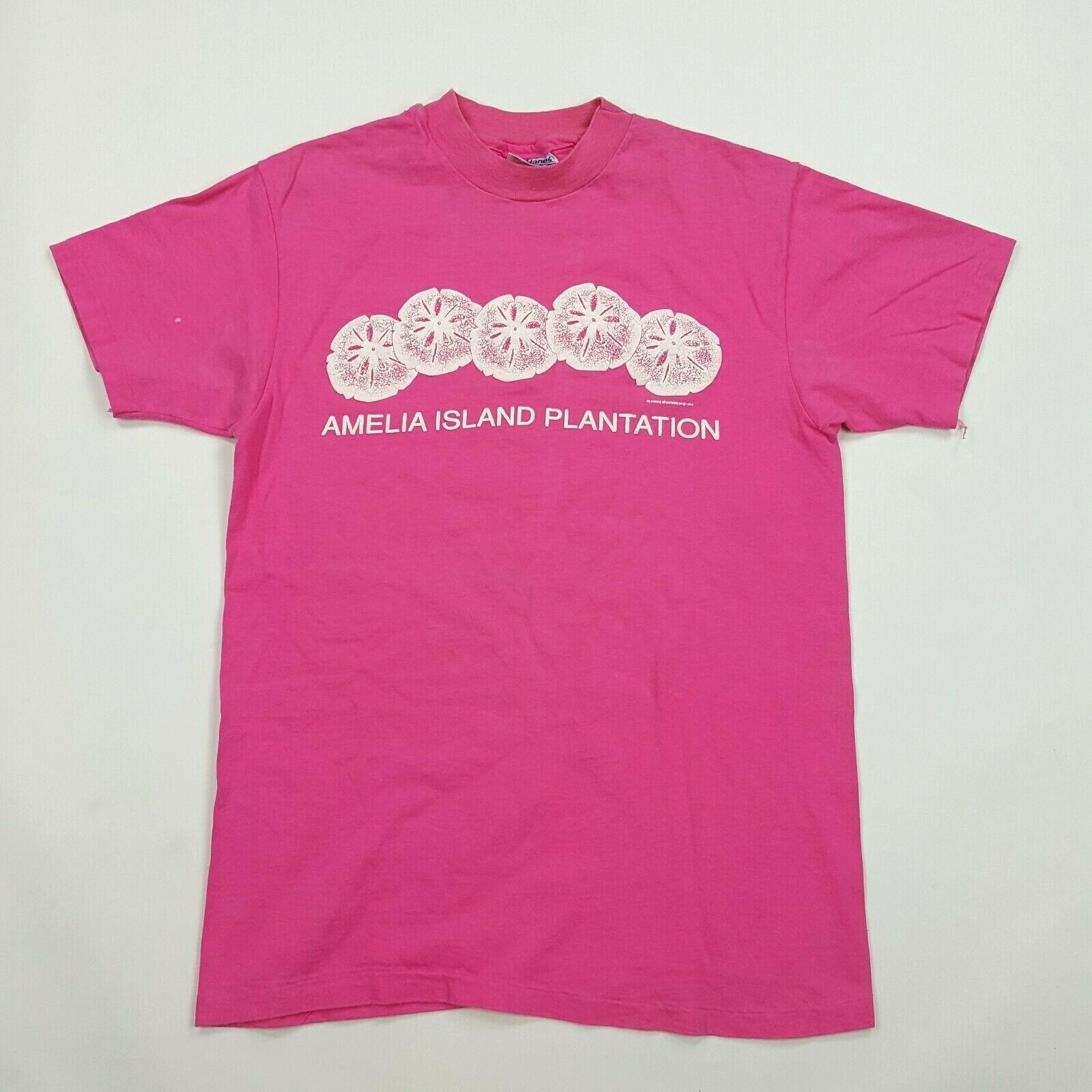 VTG Amelia Island Pink Puff Print Preppy Size S Beach USA Made T Shirt