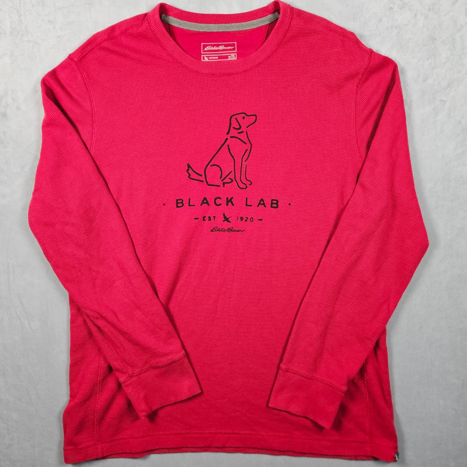 Eddie Bauer Shirt Mens Red Tall XL Waffle Knit Thermal Black Lab Graphic Crew