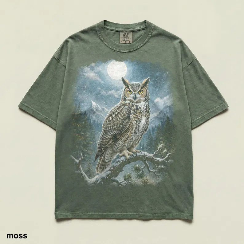 Great Horned Owl Moon Mountain Wildlife Nature Bird Comfort Tee gallery