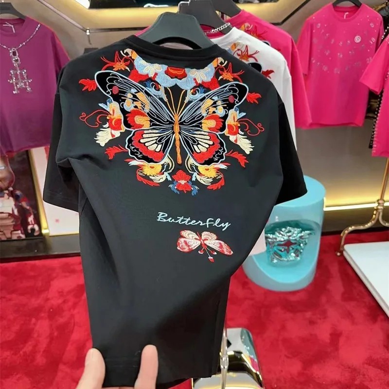 Luxury Butterfly Embroidery Cotton T-Shirt Heavy Texture Loose Fit Casual Tee gallery