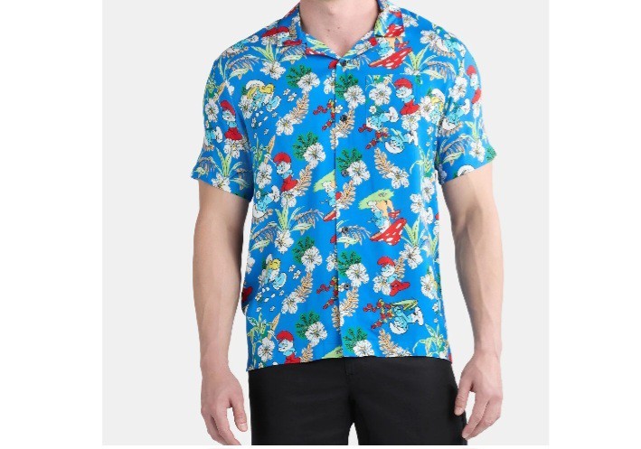 Smurfs Men’s 2XL Tropical Hawaiian Graphic Dress Shirt Short Sleeves Blue (28D)