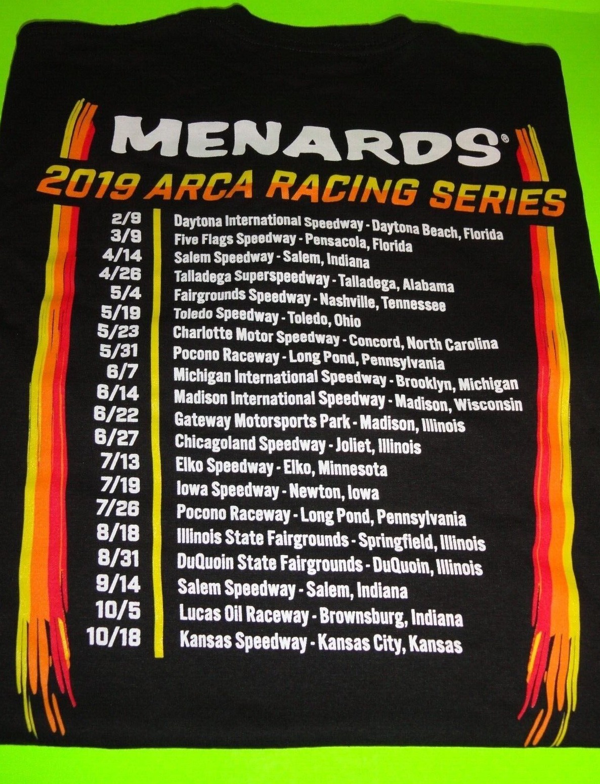(Lot of 2) Sz. L / Large BLACK Menards ARCA Racing Series 2019 Schedule T-Shirt gallery