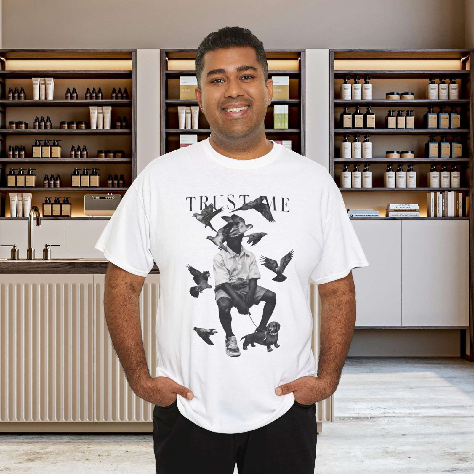 Trust Me Surreal Bird Art Graphic T-Shirt Monochrome Streetwear Concept Tee gallery