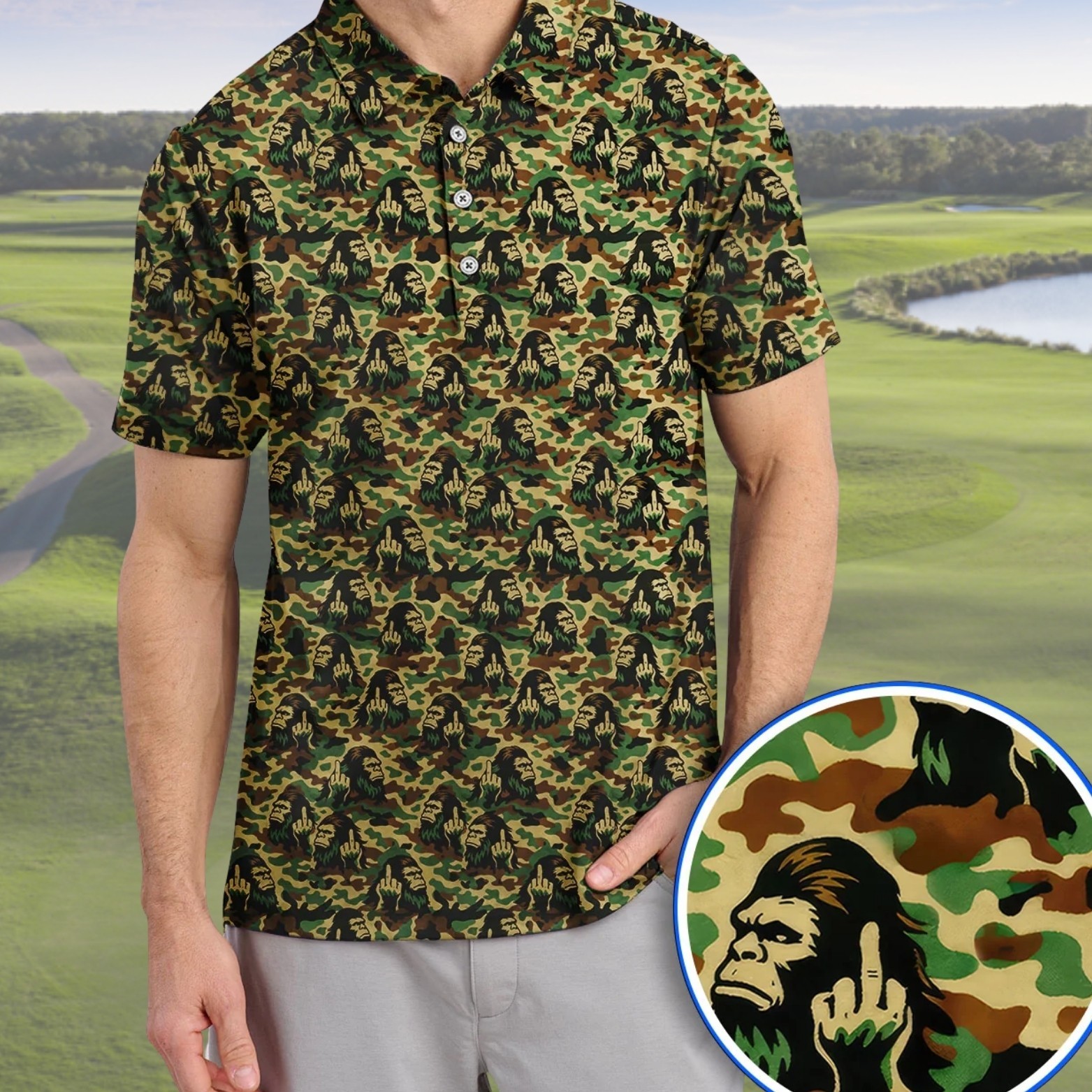 Bigfoot Golf Polo Shirt, Camo Sasquatch Middle Finger Golfer Dad Gift (S-5XL) gallery