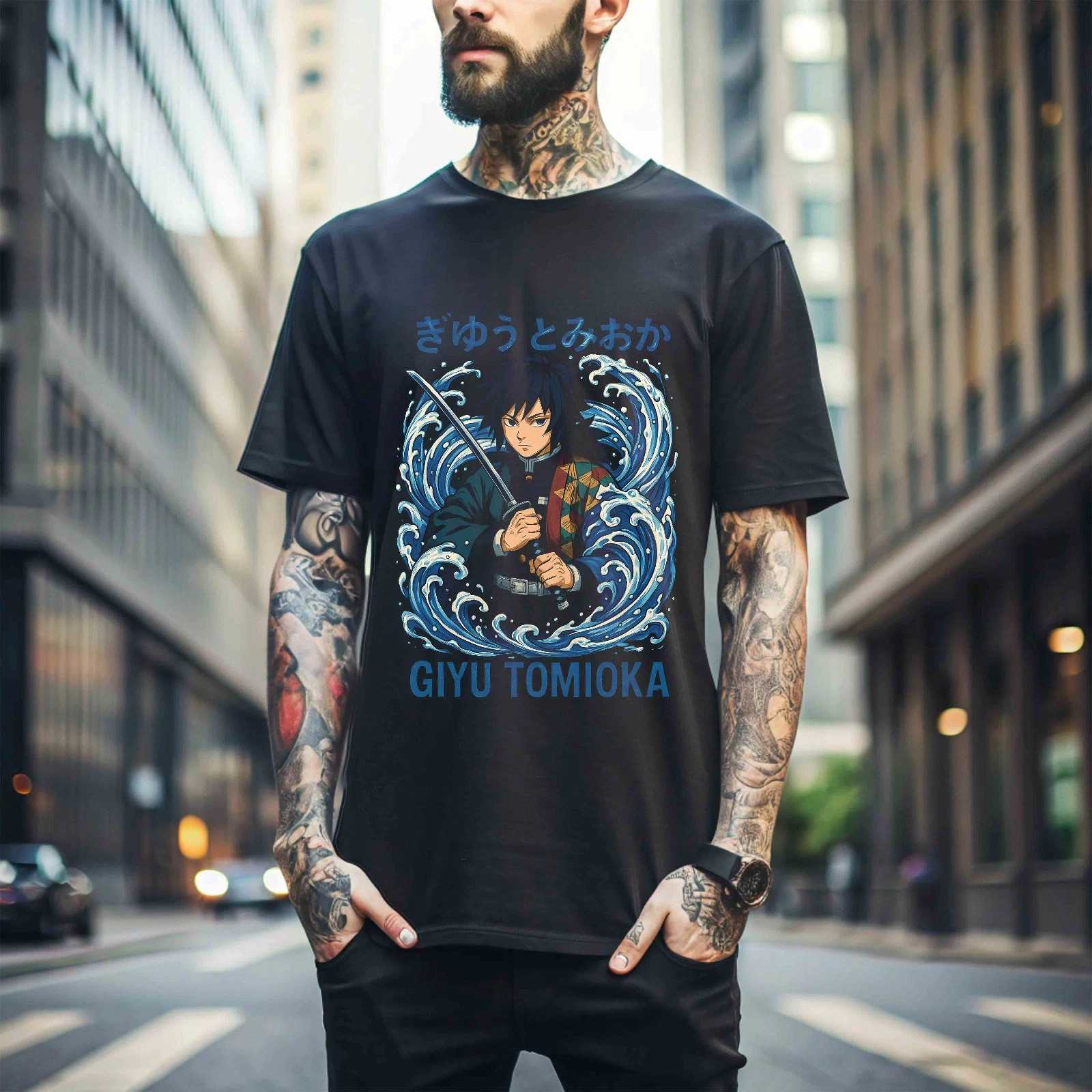 Demon Slayer Kimetsu No Yaiba Giyu Tomioka Black T-shirt gallery