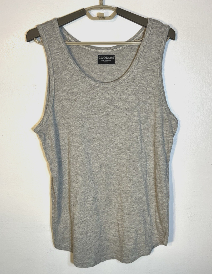 GoodLife Men's Medium Grey Tri-Blend Scoop Neck Curve Hem USA Made Tank Top gallery