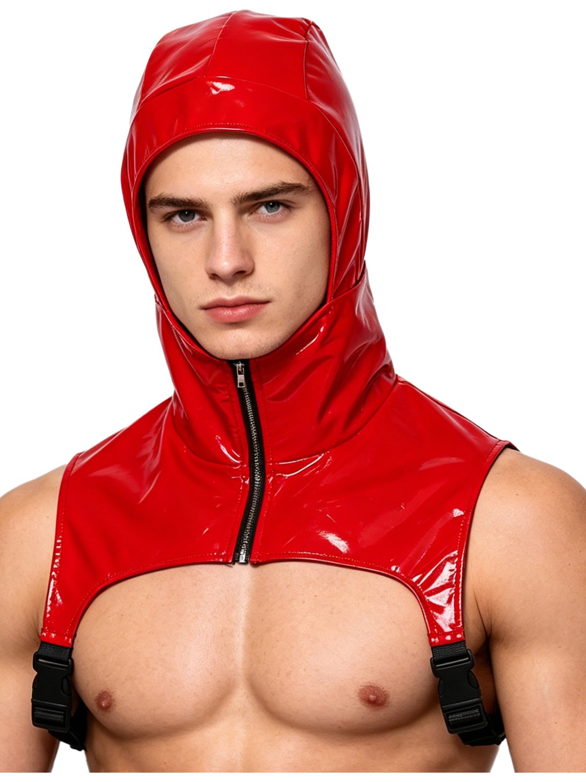 Mens Crop Top Clubwear Vest Sleeveless Tank Top Hooded PU Wet Look Glossy Rave