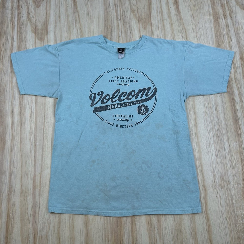 Vintage Y2K Volcom Thrashed T-Shirt Blue Spellout Print Stains USA Faded Skate