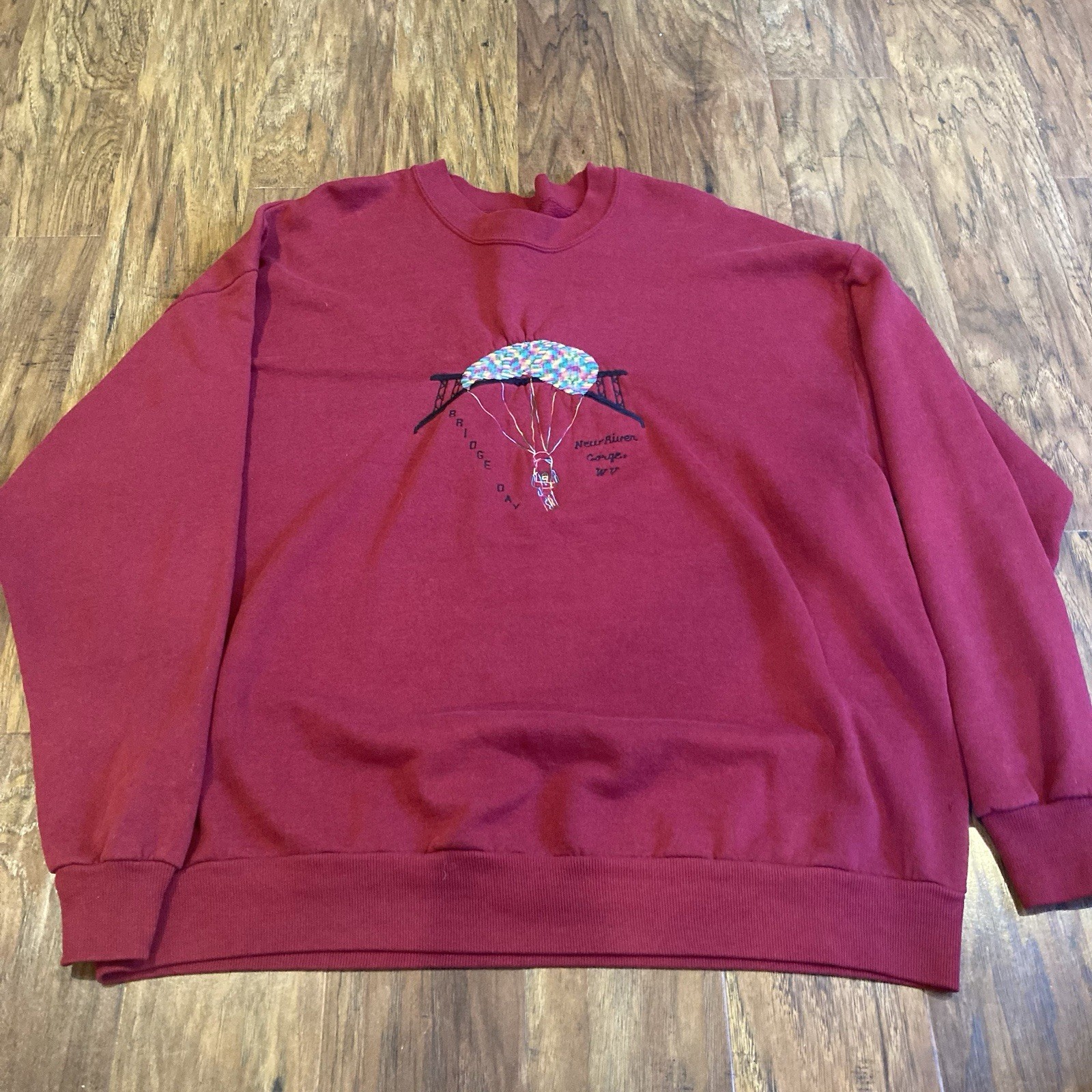 Jerzee Vintage 90’s Red Embroidered Bridge Day Oversized Graphic Crew Neck, 2 XL gallery