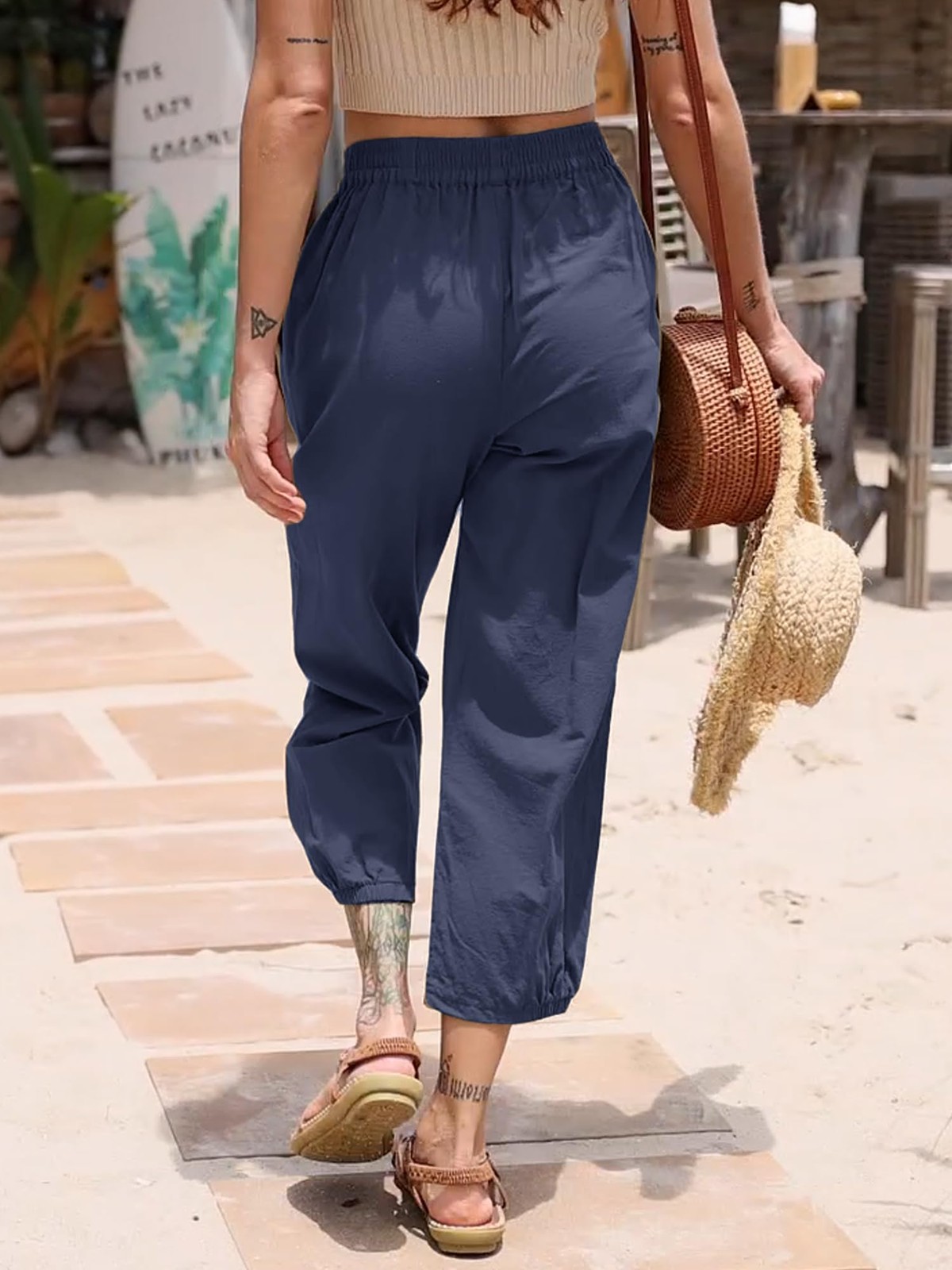 Womens Cropped Pants Cotton High Waist Wide Leg Capris Casual Harem Pants gallery