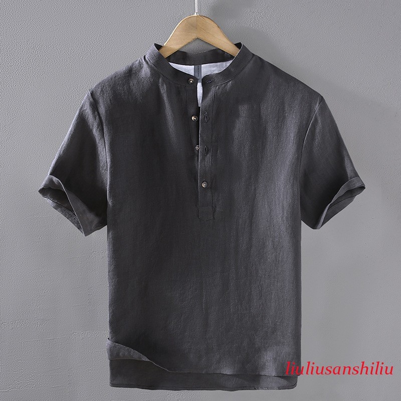 Retro Style Short Sleeve Pullover Mens Stand Collar 100% Linen Shirt Half Button gallery