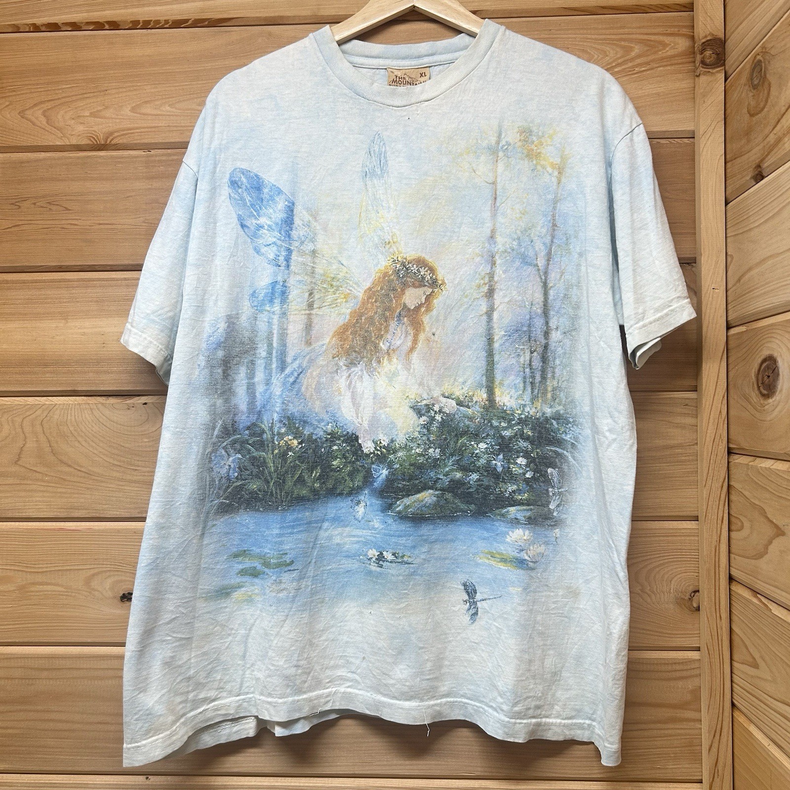 Vintage The Mountain Light Blue Tie Dye Fairy Forest Nature Graphic T Shirt L/XL