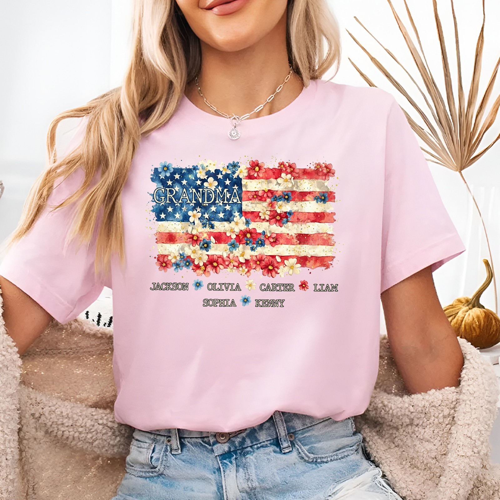 Personalized Grandma Shirt Grandkids Names Floral USA Flag 4th of July Gift Tee gallery