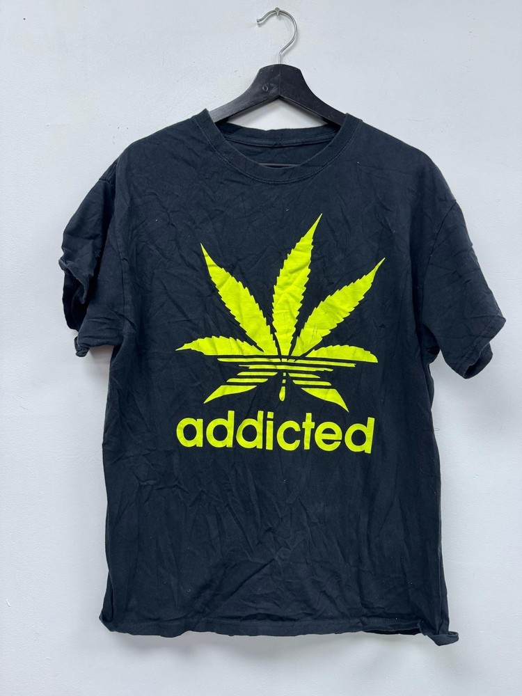 Vintage Addicted Marijuana Leaf Shirt Large Black Y2K Funny Graphic Weed Tee