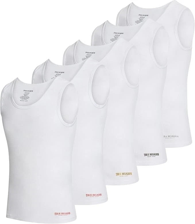True Religion Tank Tops Men’s Small 5-Pack Premium Cotton NIB WHITE W/LOGO gallery