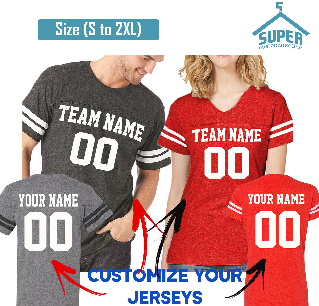 Customize Couple Jerseys Tees Shirts FRONT BACK Team and Your NAME NUMBER Create gallery