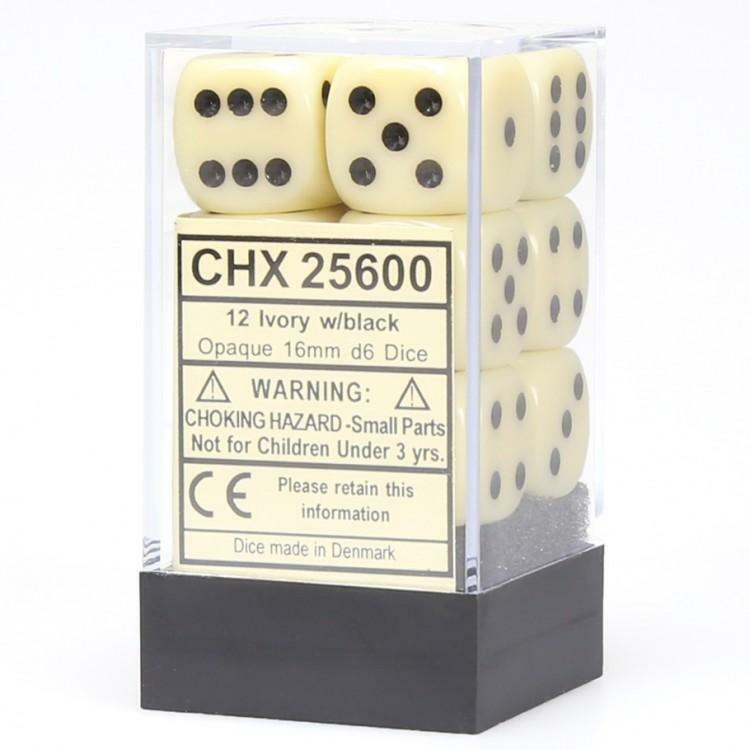 Chessex Opaque Ivory with Black 12 Dice Set – 6 Sided – 16mm d6 Dice Block