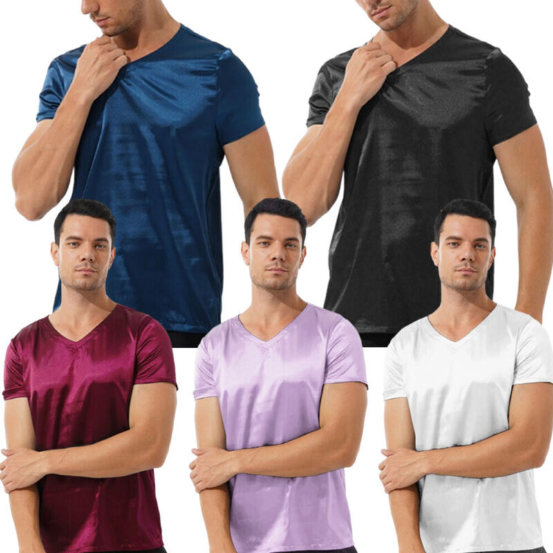 Men's Satin Pullover Short Sleeve V Neck Tops Loungewear Sleepwear Nightwear gallery