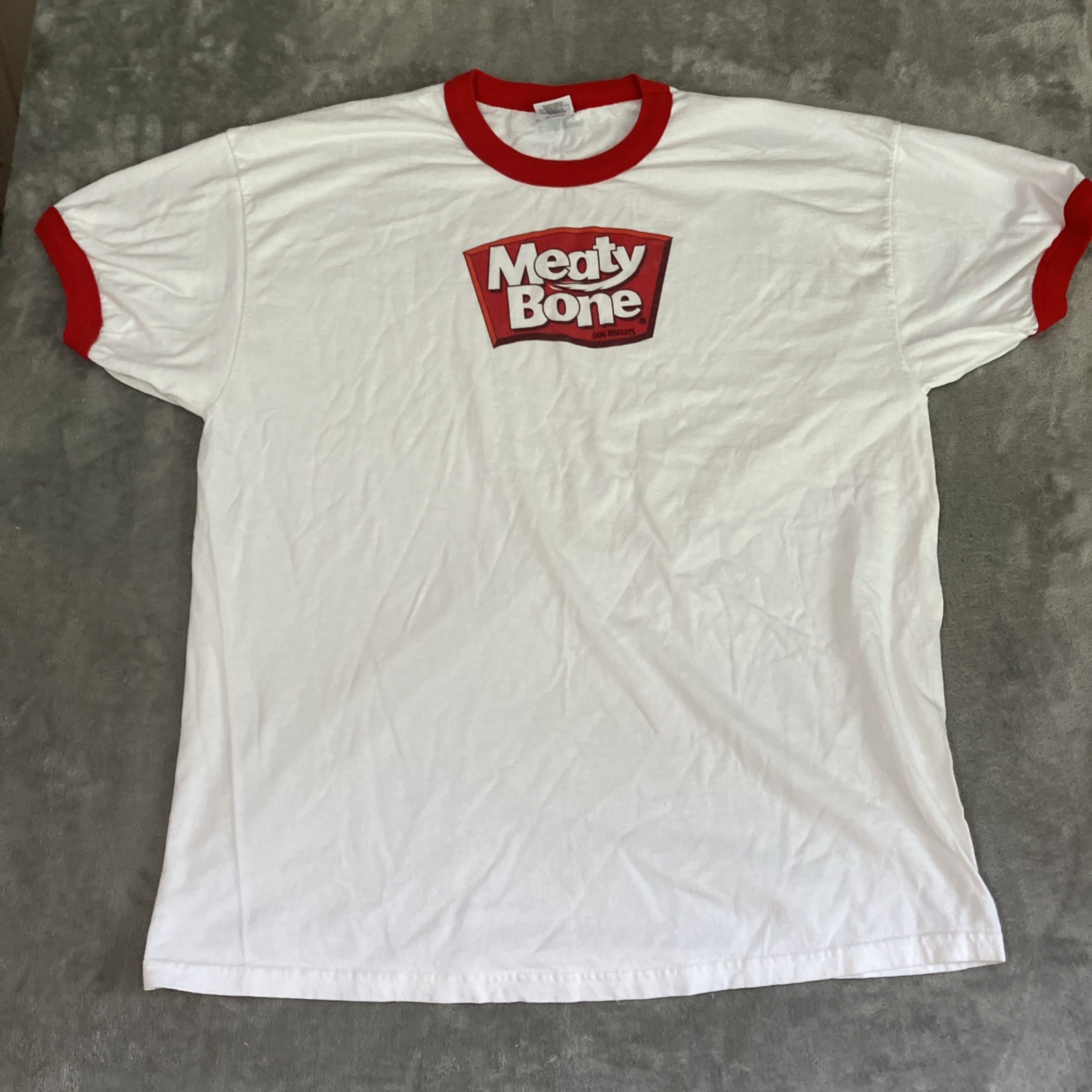 Vintage Ringer T-Shirt Meaty Bone Dog XL Tee White & Red Bold Meaty Satisfaction