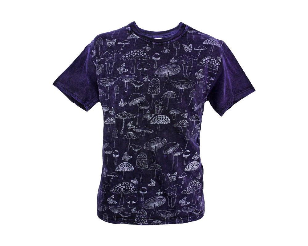 Stonewashed Mushroom T-Shirt Fair Trade Hand Printed 40 42 44 46 48 50 52 S-4XL