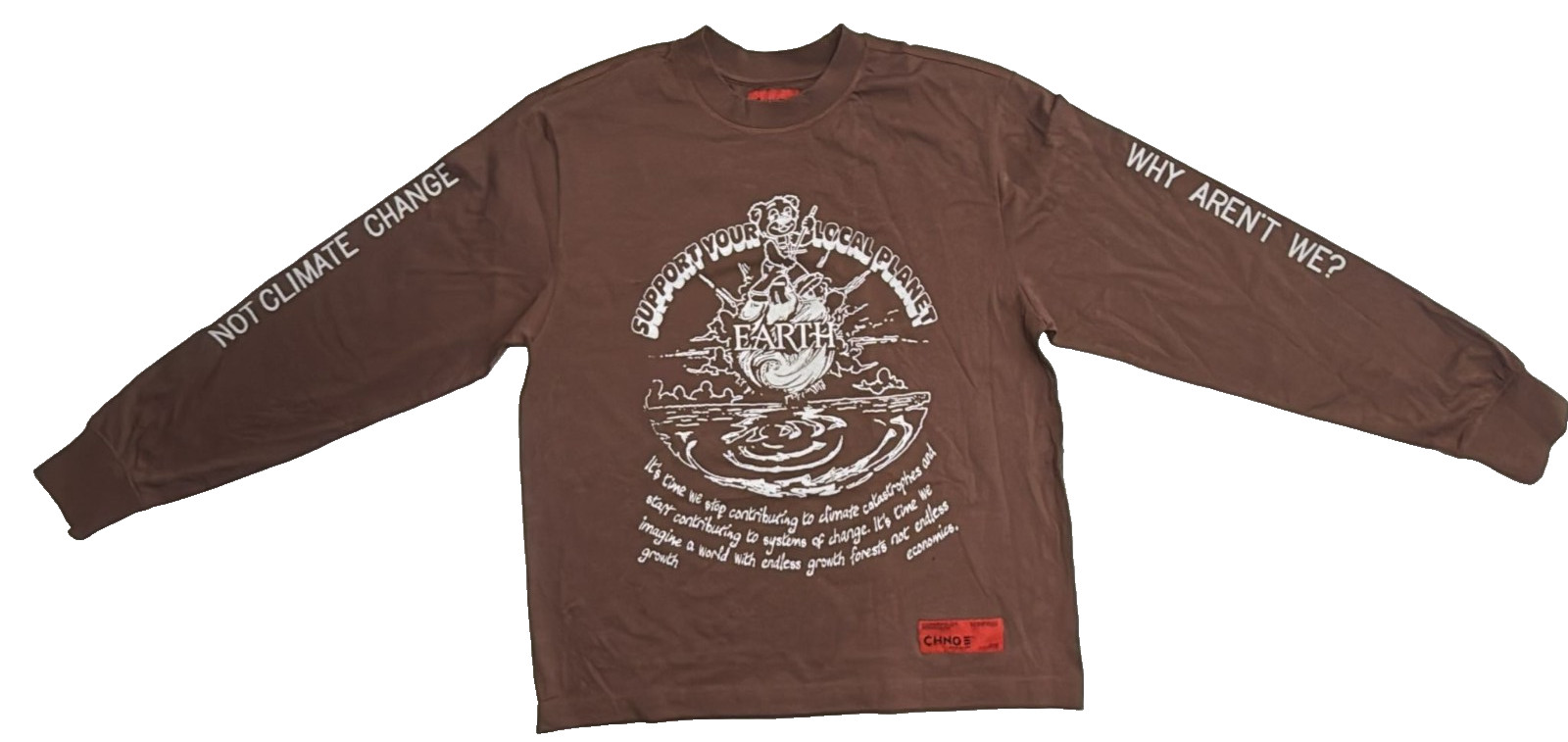 CHNGE Men's Support Earth Casual Crew Neck Cuff Long Sleeve T-Shirt, Brown, XL gallery