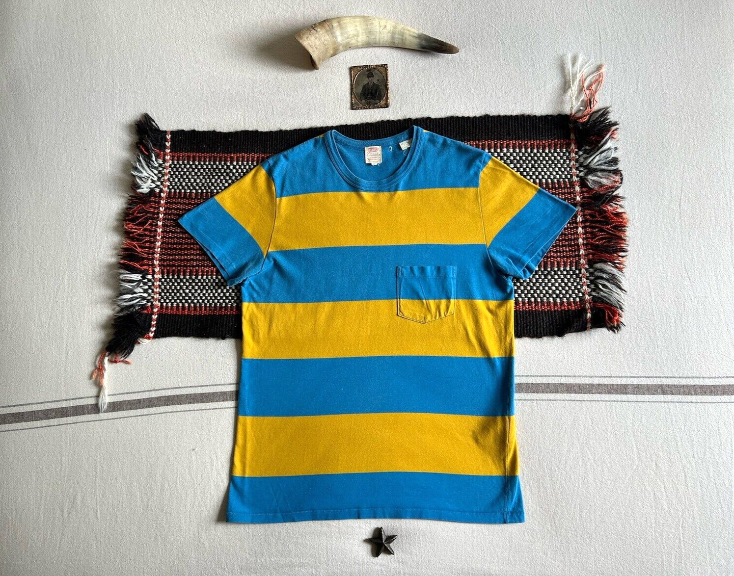 LVC T-Shirt M 50s Single Stitch Levi’s 2015 Wide Stripe Pocket Rare Blue Yellow gallery