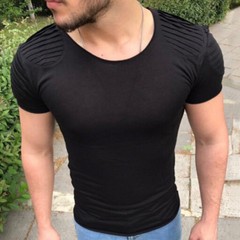 Men Pleated Shoulder Short Sleeve T-shirt Slim Fit Biker Top Tee Shirt Punk Rock