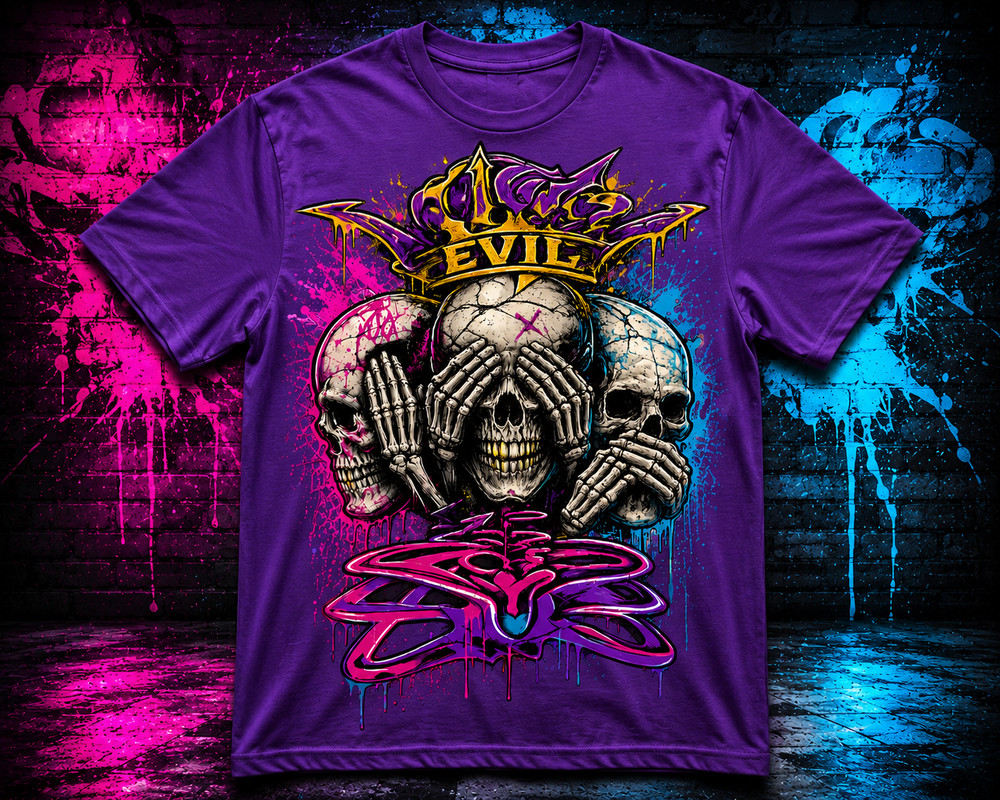 Evil Skulls 3 Headed Skate Big & Tall Tee Shirt Pro Club Shaka Street Wear