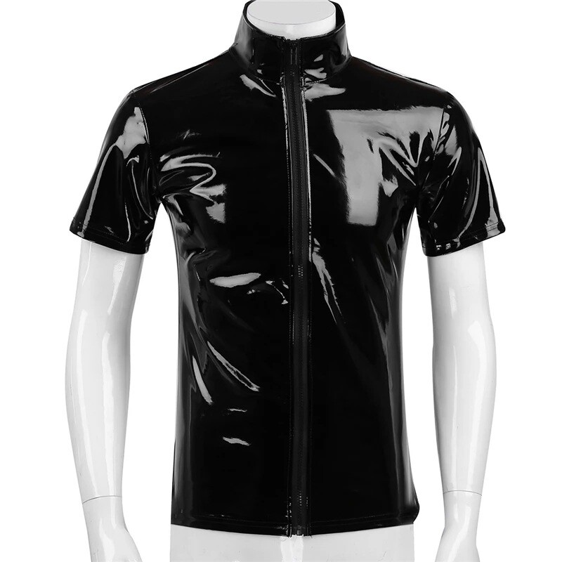 Men Short Sleeve Latex Leather T-Shirts Shiny PVC Wet Look Nightclub Zipper Tops gallery