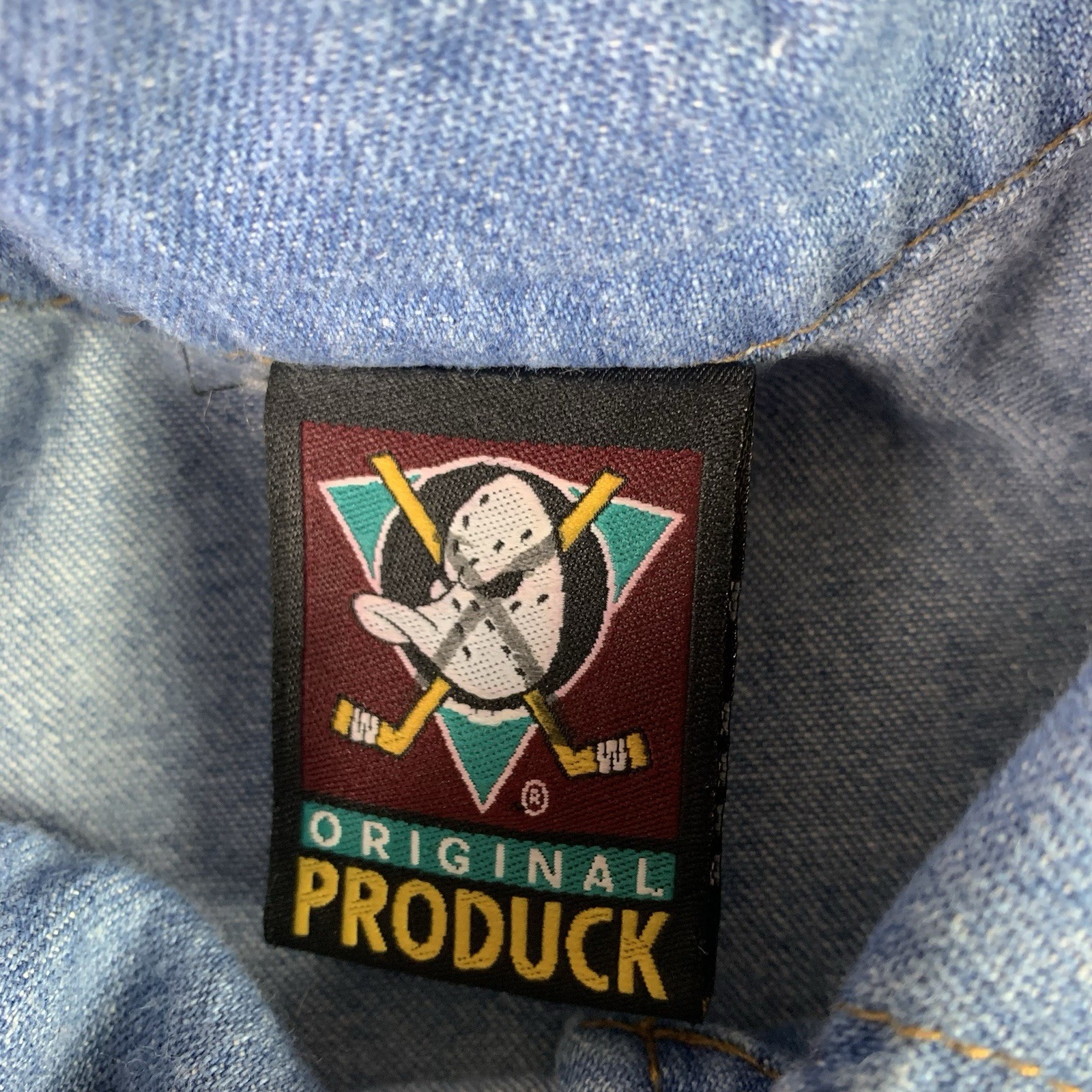 vtg 90s Mighty Ducks Original Produck Shirt Chambray Mens Large Blue Made in USA gallery